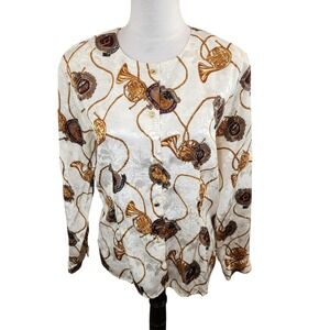 Martique Womens Size 12 Long Sleeve Button Up Blouse Cream French Horn Print Vtg